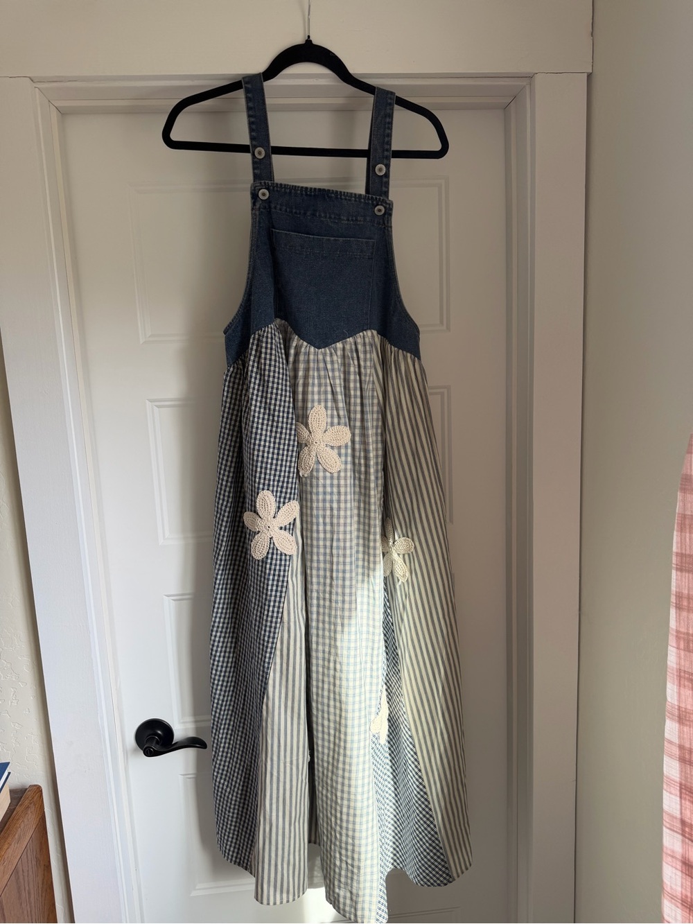 Denim-Top Floral Patchwork Maxi Skirt Overalls - Blue